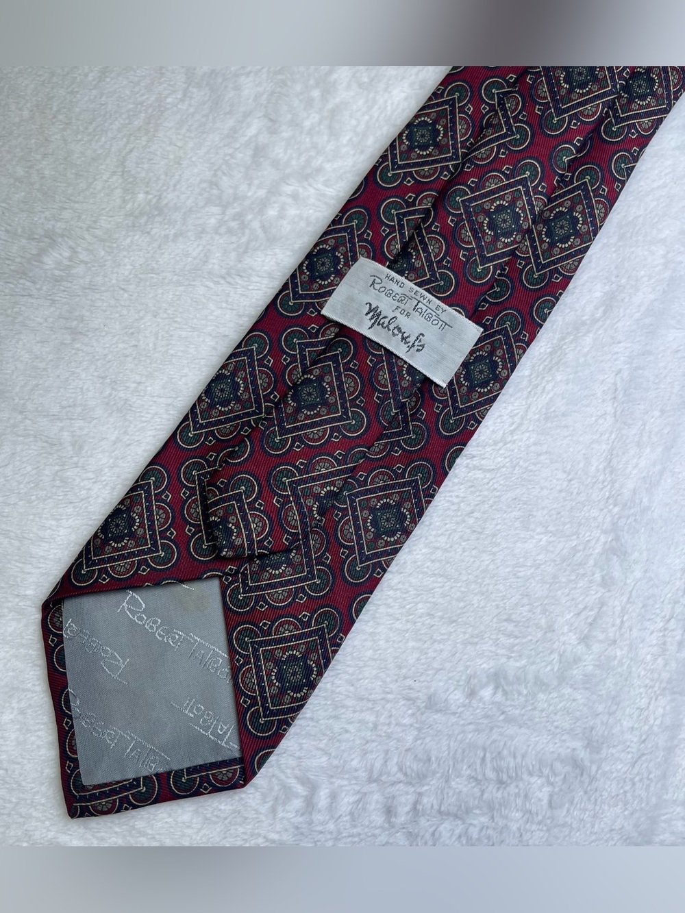 Robert Talbott Silk Tie Burgundy Geometric Medallion Hand Sewn for Malouf’s